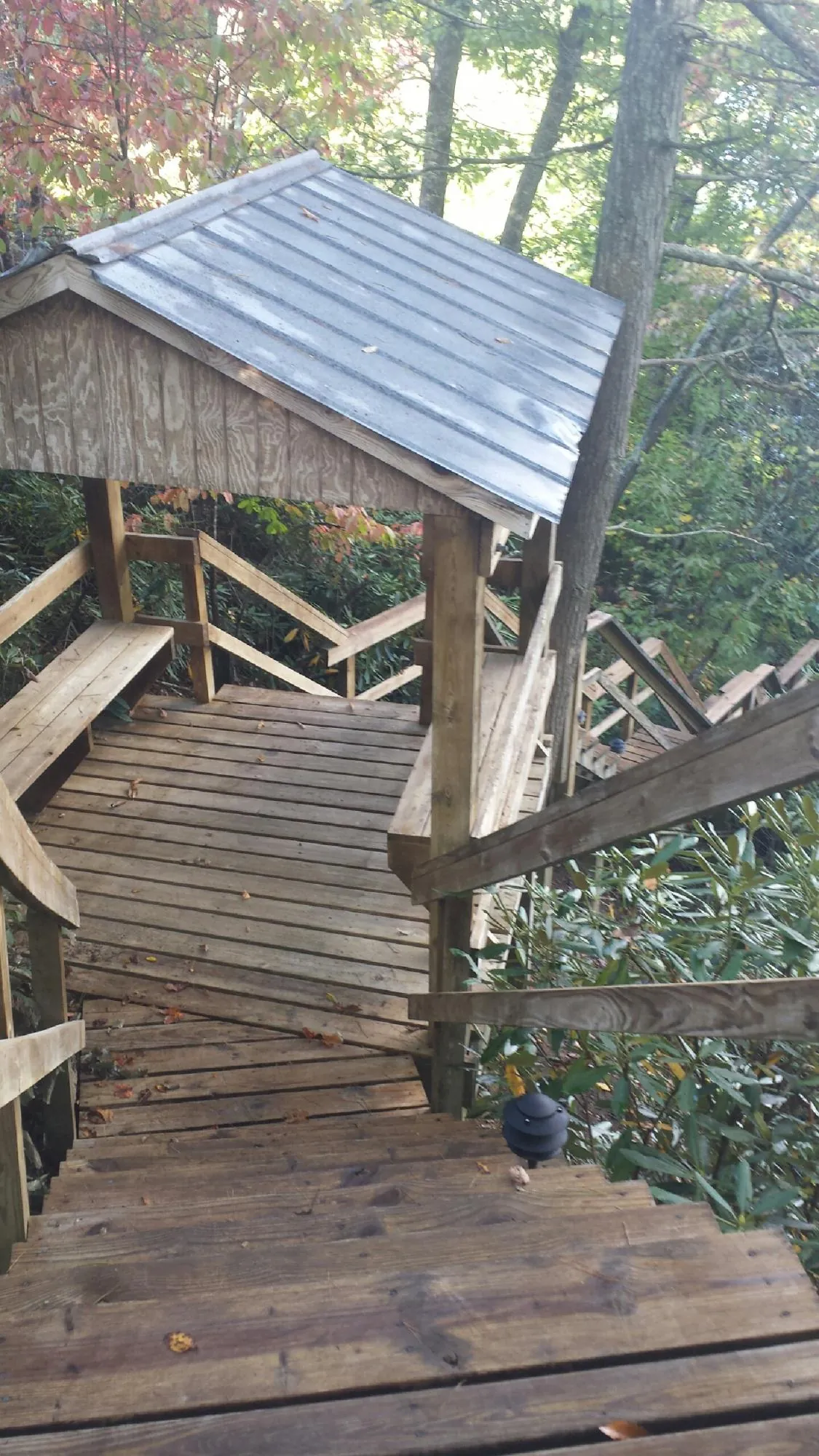 Metal roofed shelter over wooden steps on a wooded walkway — Skylight Repair & Installation work by our crew in Durant